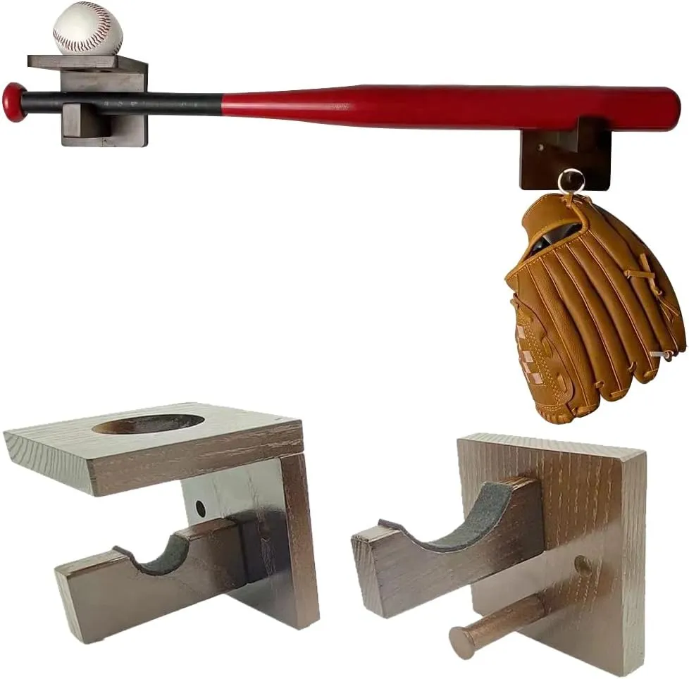 3-in-1 Wooden Baseball Bat Holder Stand, Softball Display Rack, Baseball Gloves Wall Hanger (Brown)