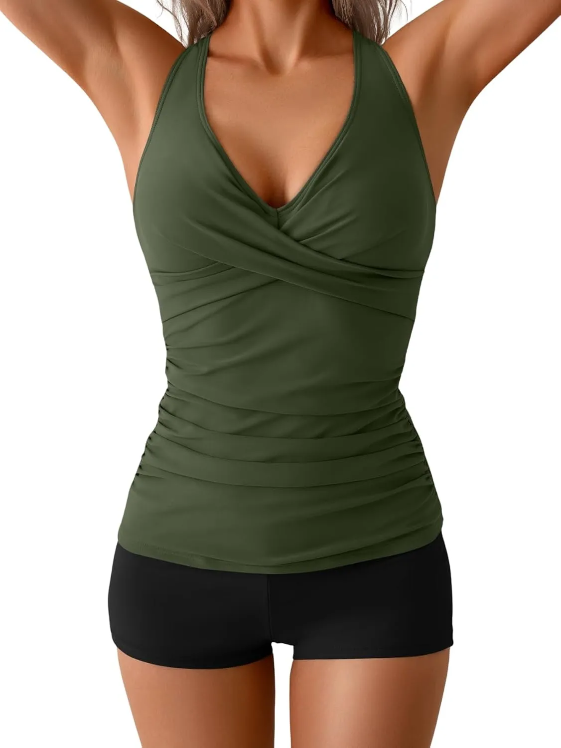 B2prity Women's Tankini Swimsuits Tummy Control Ruched Two Piece Bathing Suit V Neck Wrap Tie Back Swimwear with Shorts