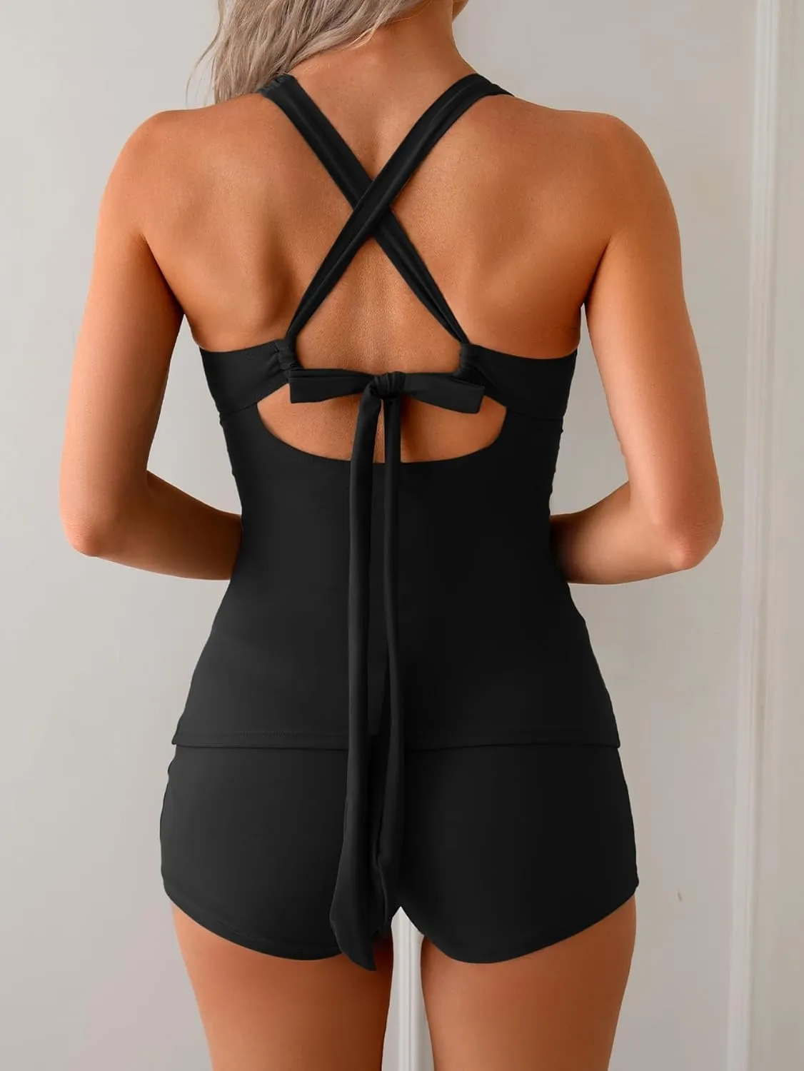 B2prity Women's Tankini Swimsuits Tummy Control Ruched Two Piece Bathing Suit V Neck Wrap Tie Back Swimwear with Shorts