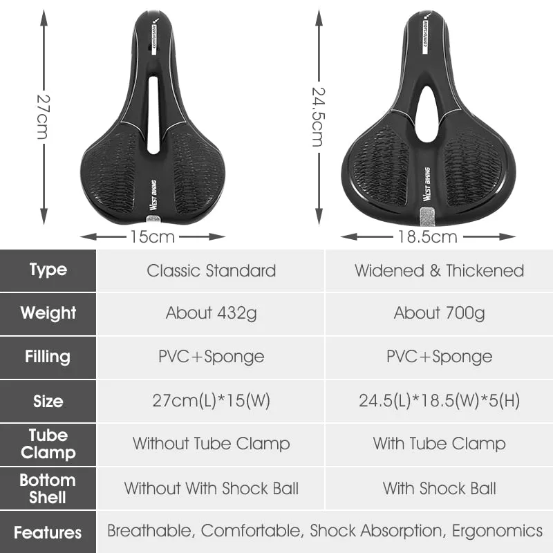 Bicycle Saddle MTB Bike Seat Waterproof Soft Seat Cushion Bike Accessories PVC Steel Hollow Wide Cycling Saddles