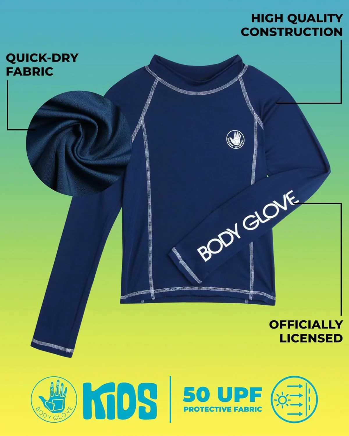 Body Glove Boys Swim Shirt - UPF 50  Sun Protection Quicky Dry Long Sleeve Rash Guard for Boys with Arm Logo (Size: 5-14)