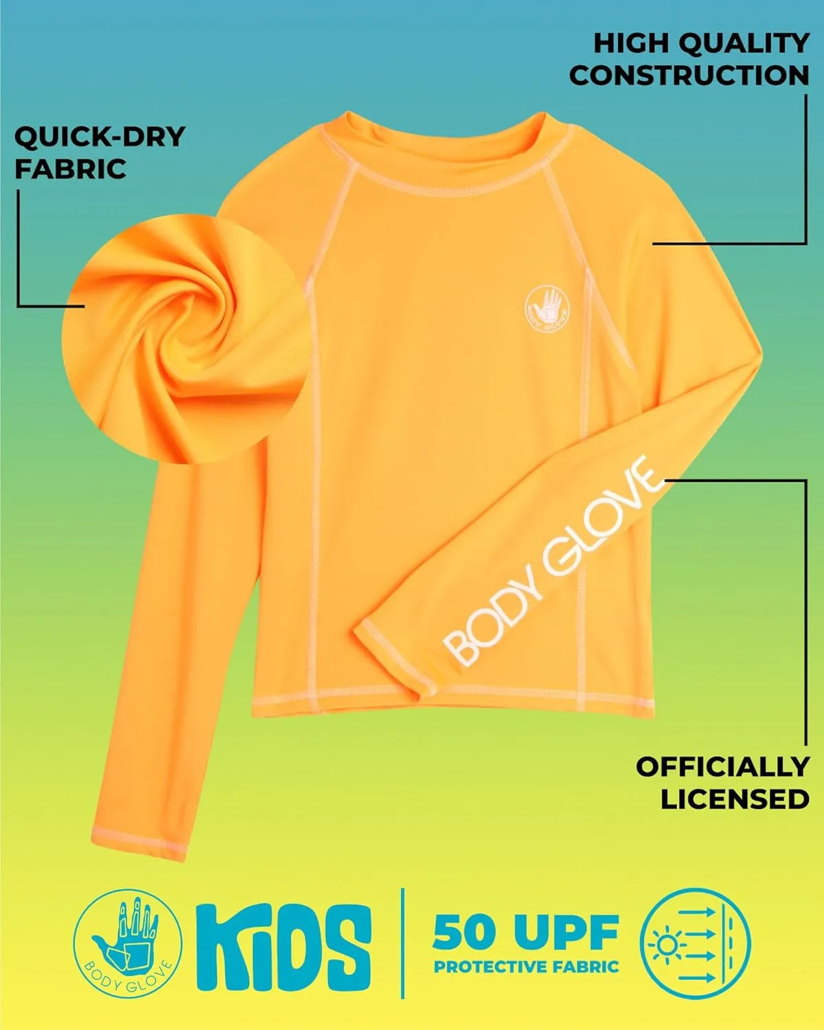 Body Glove Boys Swim Shirt - UPF 50  Sun Protection Quicky Dry Long Sleeve Rash Guard for Boys with Arm Logo (Size: 5-14)