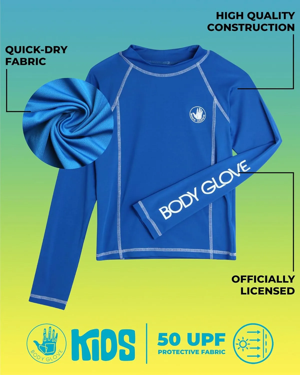 Body Glove Boys Swim Shirt - UPF 50  Sun Protection Quicky Dry Long Sleeve Rash Guard for Boys with Arm Logo (Size: 5-14)