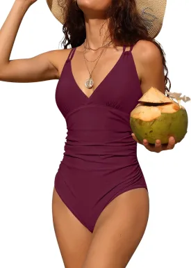 Charmo Tummy Control One Piece Swimsuits for Women Ruched Bathing Suits Strappy V Neck Monokini