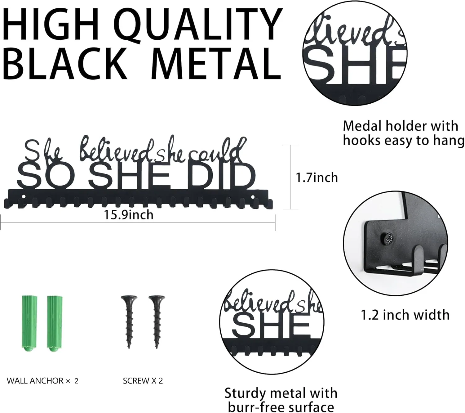 Goutoports Medal Holder Display Hanger - She Believed She Could She Did - Personalized Medal Wall Hanger for Sport Race Runner Sturdy Black Steel Metal Over 60 Medals Easy to Install