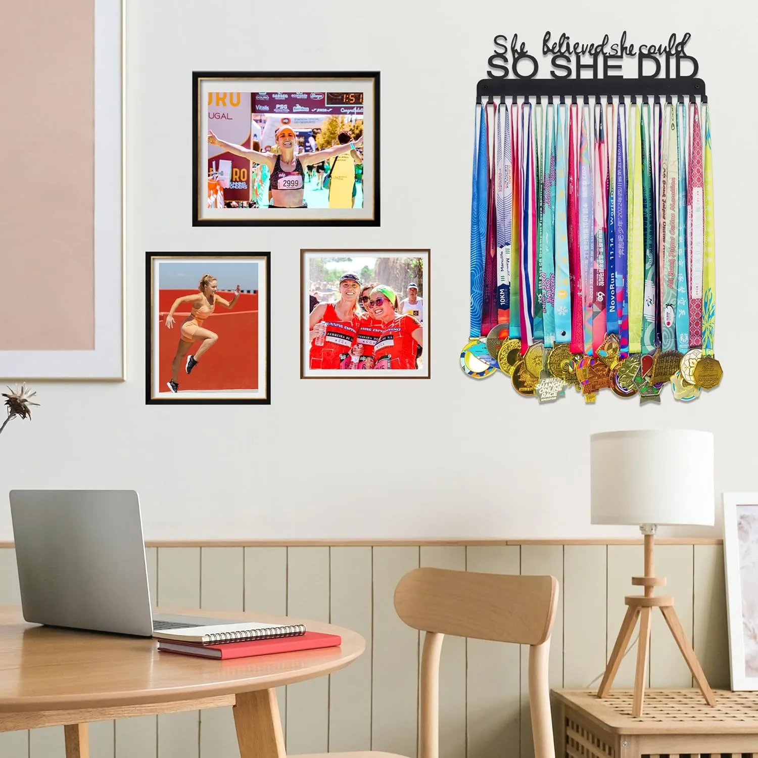 Goutoports Medal Holder Display Hanger - She Believed She Could She Did - Personalized Medal Wall Hanger for Sport Race Runner Sturdy Black Steel Metal Over 60 Medals Easy to Install