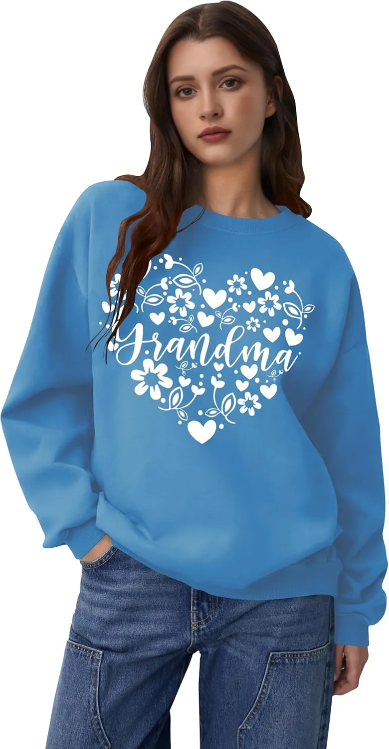 Grandma Sweatshirts for Women: Grandma Floral Heart Shirts Long Sleeve Grandmother Gifts Crewneck Pullover Tops