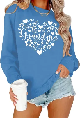 Grandma Sweatshirts for Women: Grandma Floral Heart Shirts Long Sleeve Grandmother Gifts Crewneck Pullover Tops