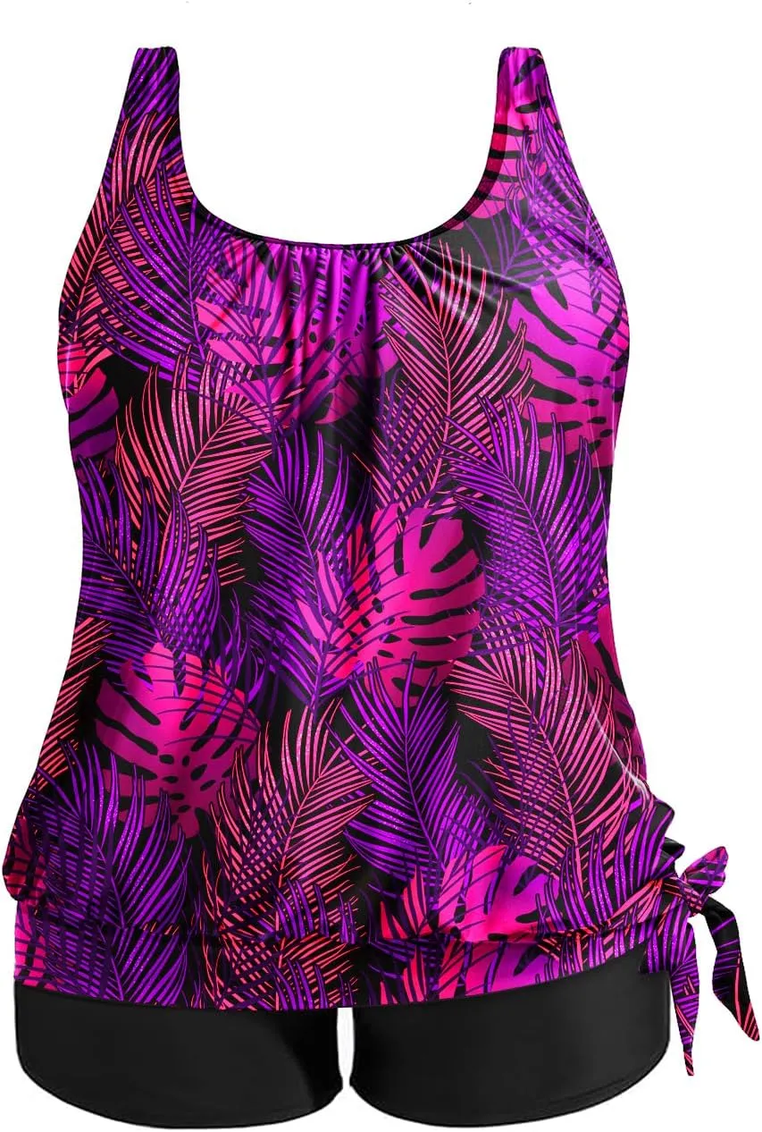Holipick Women Plus Size Swimsuit Tummy Control Tankini Two Piece Bathing Suits Blouson Top with Boy Shorts