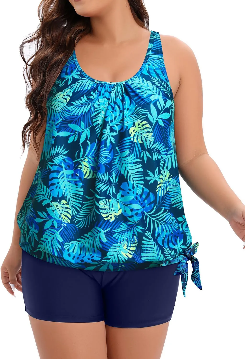 Holipick Women Plus Size Swimsuit Tummy Control Tankini Two Piece Bathing Suits Blouson Top with Boy Shorts