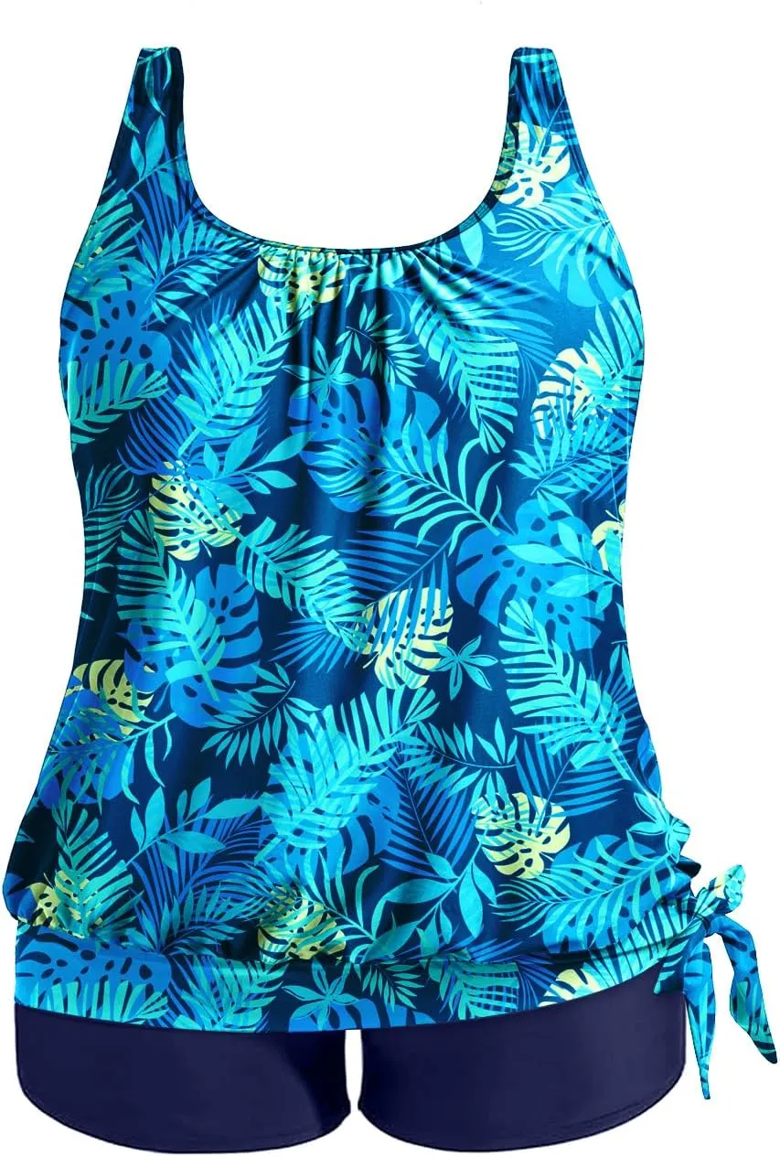 Holipick Women Plus Size Swimsuit Tummy Control Tankini Two Piece Bathing Suits Blouson Top with Boy Shorts