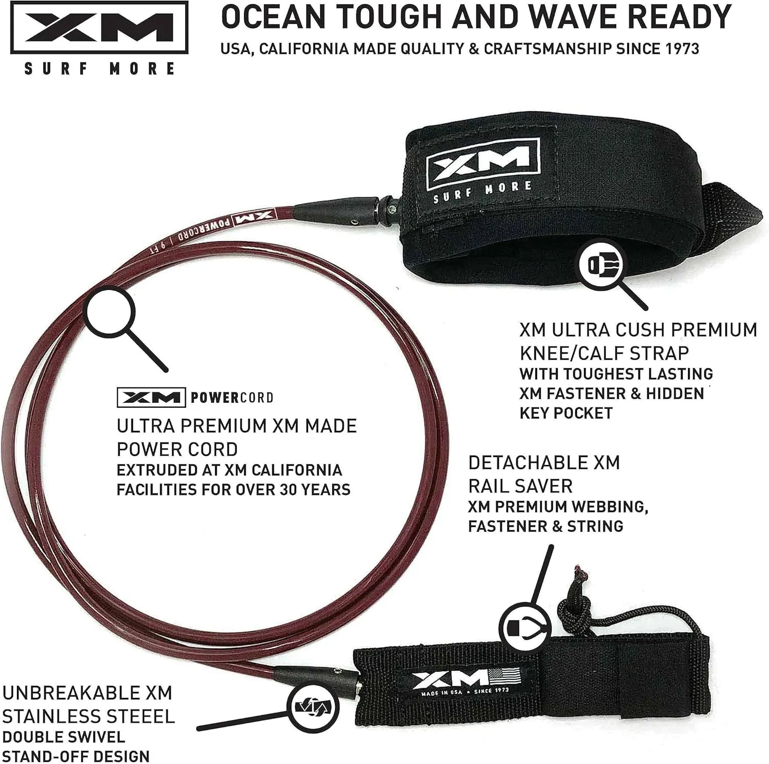 Knee/Calf Surfboard Leash 8ft-10ft, COMP Cord Thickness (.220 in.), Choose Length and Color, Key Pocket, Unbreakable Swivels, Detachable Railsaver, Made in USA