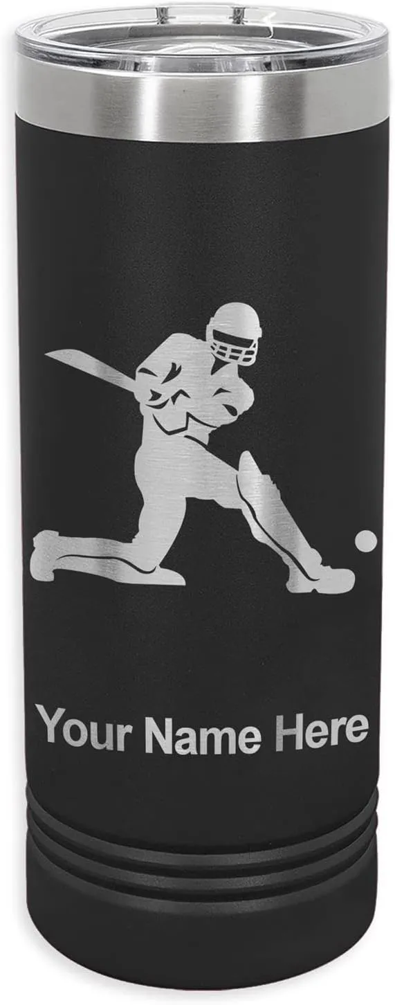 LaserGram 22oz Vacuum Insulated Skinny Tumbler, Cricket Player, Personalized Engraving Included (Black)