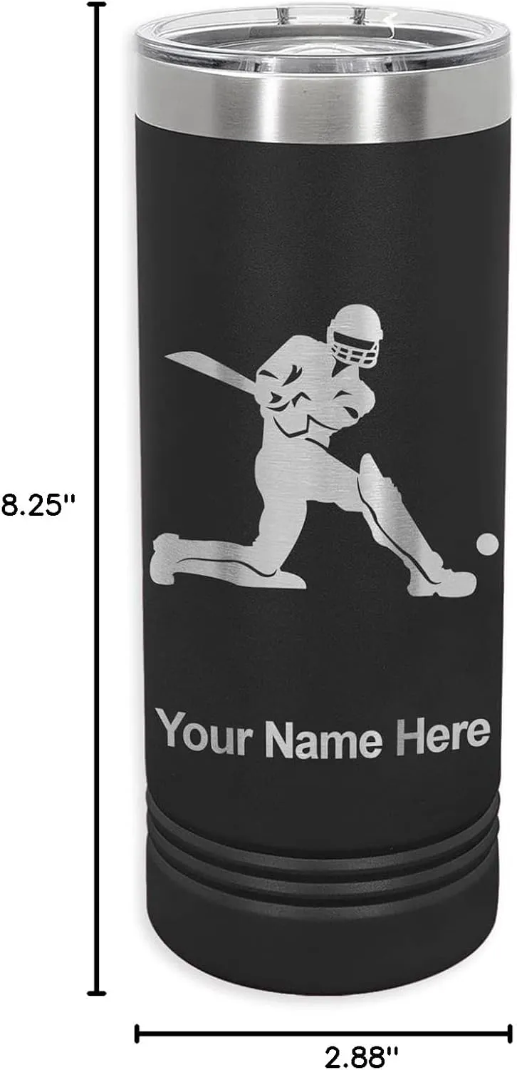 LaserGram 22oz Vacuum Insulated Skinny Tumbler, Cricket Player, Personalized Engraving Included (Black)