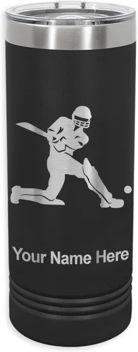 LaserGram 22oz Vacuum Insulated Skinny Tumbler, Cricket Player, Personalized Engraving Included (Black)