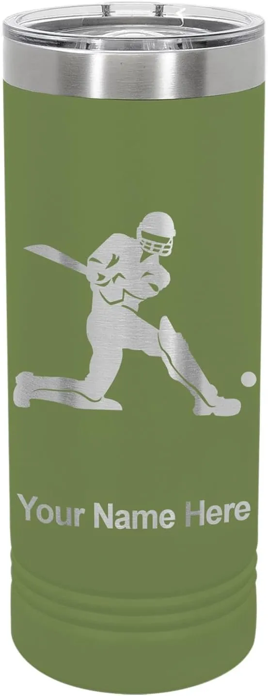 LaserGram 22oz Vacuum Insulated Skinny Tumbler, Cricket Player, Personalized Engraving Included (Camo Green)