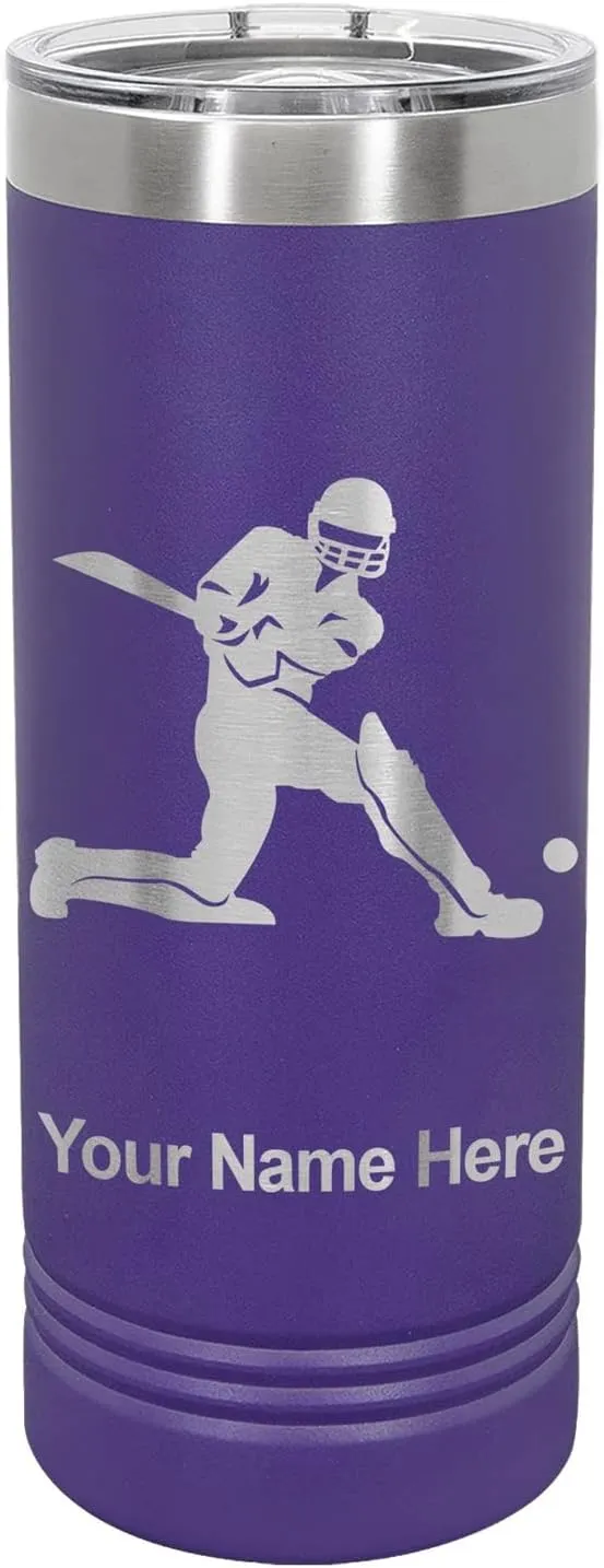 LaserGram 22oz Vacuum Insulated Skinny Tumbler, Cricket Player, Personalized Engraving Included (Dark Purple)