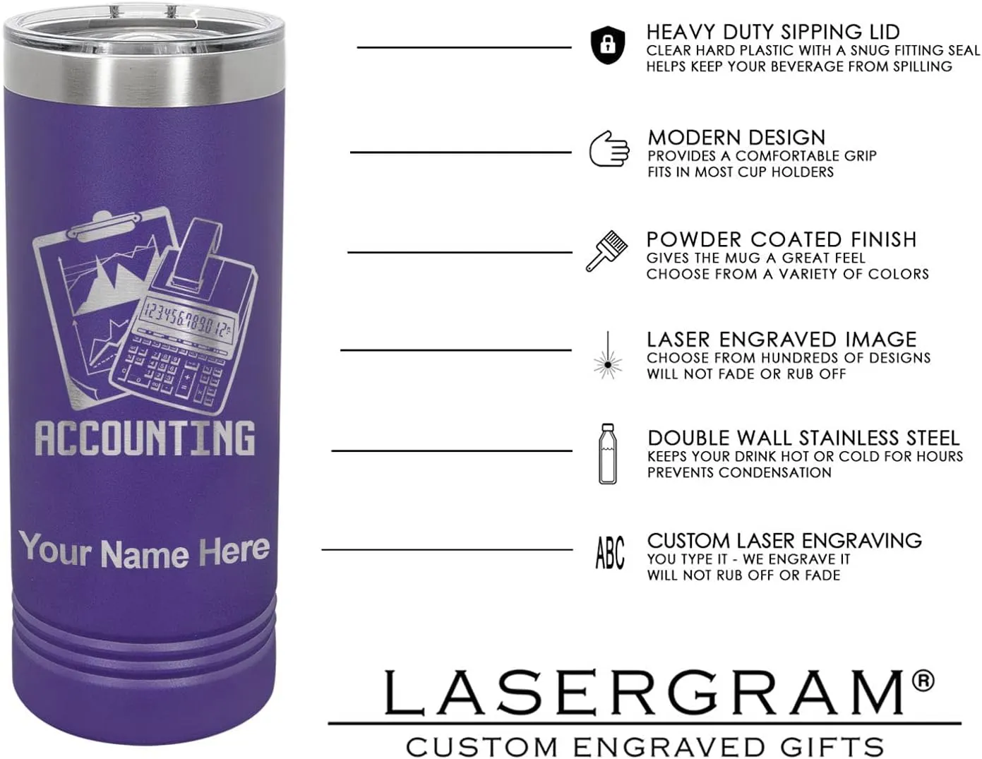 LaserGram 22oz Vacuum Insulated Skinny Tumbler, Cricket Player, Personalized Engraving Included (Dark Purple)